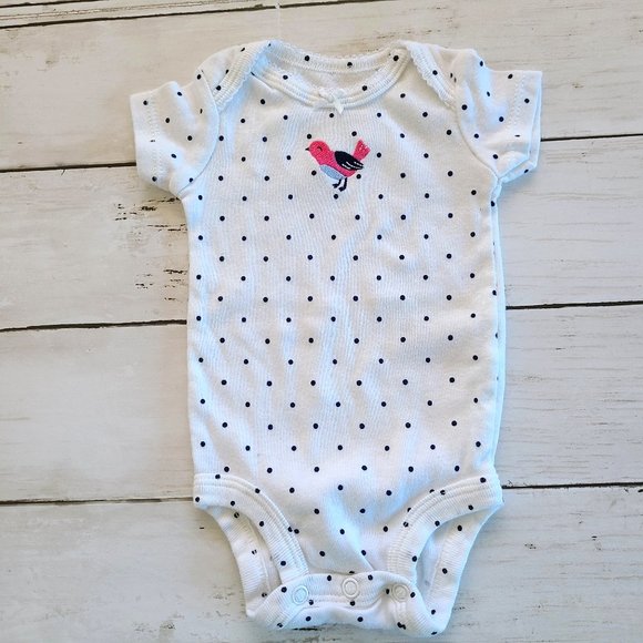♡ 5/$20- Carter's Girl's White Polka Dot Pink Bird Short Sleeve Bodysuit Newborn - Picture 1 of 6